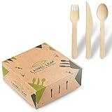 Laurel Leaf Einwegbesteck aus Holz [150 Stück] - Nachhaltiges Besteck für Camping, Party, Geburtstag - Messer, Gabel & Löffel in Einer praktischen Box - 100% natürlich, biologisch abbaubar & BPA-frei
