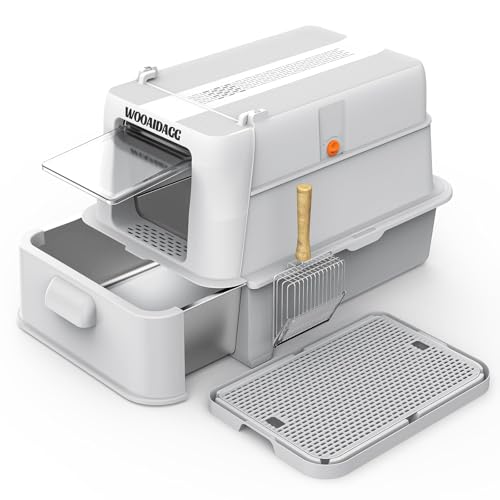 Wooaidagg Enclosed Stainless Steel Cat Litter Box with Odor Control, Modular Design with Drawer and Flip Door, Easy to Clean and Wash,Non-Stick Interior,Extra Large Size Fits All Cats(Light Grey)