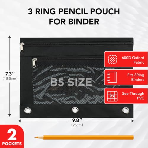 Image of 3 Ring Pencil Pouch for Binder, 2-Pocket Zipper Pencil Case with Clear Window & Mesh Pocket, 600D Oxford Fabric Binder Pouch for School Office Supplies, Fits Standard 3-Ring Binders, Black