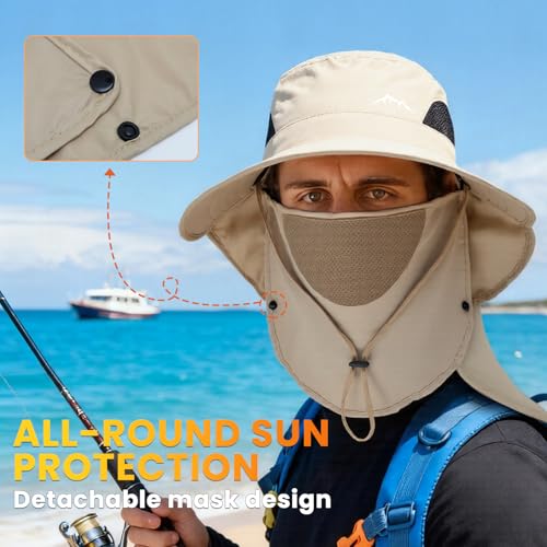 Image of Men's Quick Dry Packable Bucket Hat with Neck Flap Uv Protection UPF 50+ Sun Hat Wide Brim Boonie Hat with Chin Strap