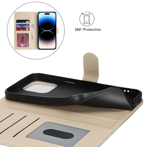 Image of for iPhone 14 Pro Case Wallet with Card Holder,for iPhone 14 Pro Wallet Case for Women Men,PU Leather Shockproof Magnetic Buckle Stand Flip Phone Case-Beige