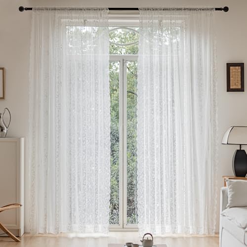 White Lace Curtains 84 Inches Long Victorian Floral Semi Sheer Curtains for Living Room Bedroom Decor Drapes Rod Pocket Light Filtering Vintage Window Curtains 2 Panels Set for Dining Room, 55Wx84L by FAPLIGLISY - Image 2
