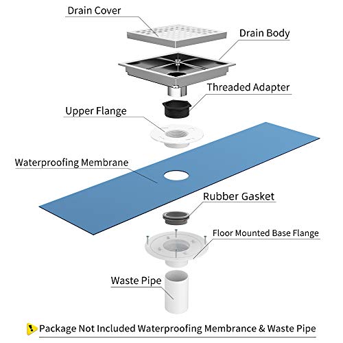 USHOWER 6-Inch Square Shower Drain, 304 Stainless Steel Brushed Nickel Shower Floor Drain, Includes Drain Flange Kit