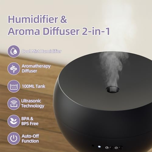 Difusor Aceites Esenciales 100 ml, Pequeño Difusor de Aromaterapia 2 Modos, Humidificador Ultrasónico y Difusor de Aroma, Apagado Automático, Ultra Silencioso, para Casa Hogar Oficina Yoga SPA, Negro - imagen 2
