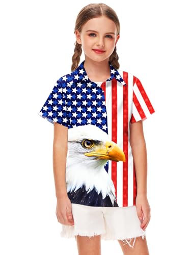 Image of Remimi Unisex Kids 4th of July Button Up Shirt Boys American Flag Print Hawaiian Beach Short Sleeve Tops 5-14 Years