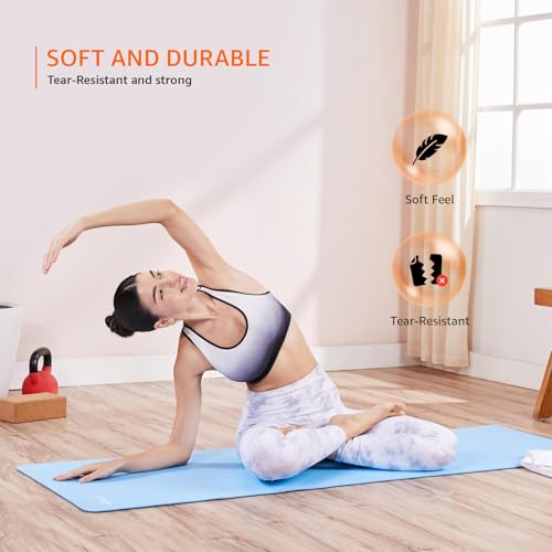 Image of AmazonBasics Dual Colour Reversible Yoga Mat | 6 MM Anti-Slip Thick Mat | Carry Strap | Grippy Surface | TPE & EVA Material | for Men & Women (Dark Blue & Light Blue)