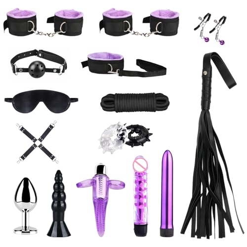 15 PCS Sex Bondage Set for Couples BDSM Kit with Adjustable Bondage Gear & Accessories for Couples, Sex Toys for Beginners and SM Enthusiasts (Black Purple)