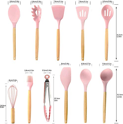 VBOK IGFE 12 Pcs Küchenutensilien Set Silikon,Antihaft Hitzebeständiger Kochgeschirr Küchenhelfer Set mit Holzgriff,Rosa