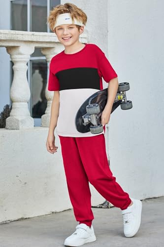 Image of Arshiner Boy's Pants Set - 2 Piece ColorBlock Short Sleeve T-Shirt and Active Pants - Casual Clothing Outfits 5-12 Years