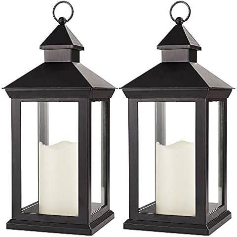 Bright Zeal 2-Pack 14" Decorative Candle Lantern Black Outdoor Lanterns with Timer Candles - IP44 Waterproof Vintage Lanterns Battery Powered LED Decorative for Wedding - Hanging Wall Lanterns Indoor Cover