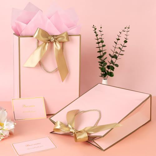 Image of JMANNI Pink Day Gift Bag, 2PCS 13 inch Gift Bags with Ribbon and 2 Greeting Cards 4 Tissue Paper, Portable Paper Gift Bag with Handles, Birthday Gift Bags,Present Bags for Wedding Party Mothers Day (Pink)