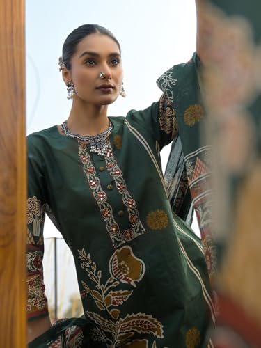 Image of INDO ERA Women's Green Pure Cotton Floral Printed Sequinned Kurta & Pant with Dupatta Set