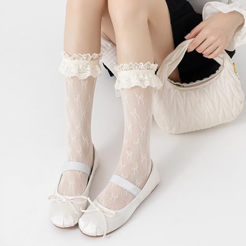 Image of White Knee High Socks, Lace Ruffle Cute Sock Lolita Stockings Kawaii Lace Top Thin Socks for Girl Women