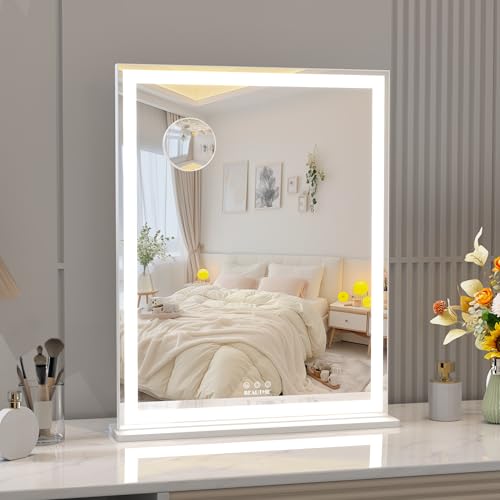ANYHI Hollywood Vanity Mirror with Lights, Dressing Table Mirror with Lights, Tabletop/Wall Mount, Smart Touch Control with 3 Color Modes, White 57 x 71.2 cm