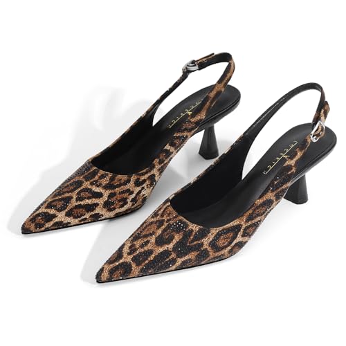 Image of LOCERICH Women's Kitten Heels Slingback Low Heel Dress Shoes Closed Toe Pumps Rhinestone Pointed Toe Sparkly Sling Back Bridal Wedding Party