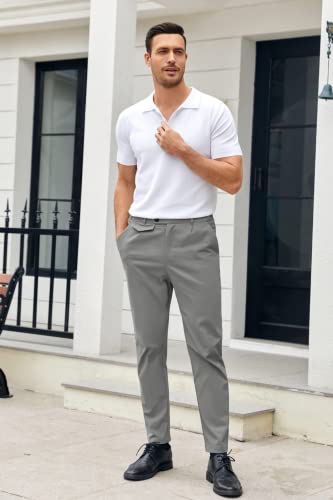 Image of Mens Chinos Slim Fit Pants Stretch Tapered Dress Pant Casual Trousers | Skinny Slacks, Flat Front Design, Stretch Cotton Fabric, Solid or Plaid, Work Dress Pants, Business Casual Wear