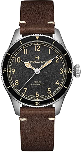 Hamilton Khaki Aviation Automatic Men's Watch, 38mm Stainless Steel Case, Swiss Made, Black Dial Analog Wrist Watch for Men, 100m Waterproof, Sapphire Crystal, 3-Hand Movement, Cow Leather Strap