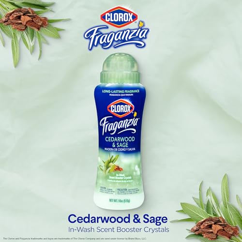 Image of Clorox Fraganzia Laundry Scent Booster Crystals, In-Wash Fragrance Beads for Fresh-Smelling Clothes & Linens, Safe for All Fabrics & Colors, Cedarwood & Sage, 18 Oz, 2 Pack
