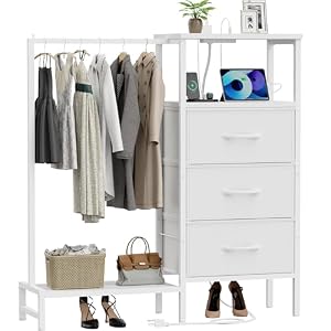 Dresser for Bedroom with Hanging Rack, 3 Drawers Closet with Charging Station, Faric Chest of Drawers with Clothes Rack, Storage Organzier for Hallway Entryway, White