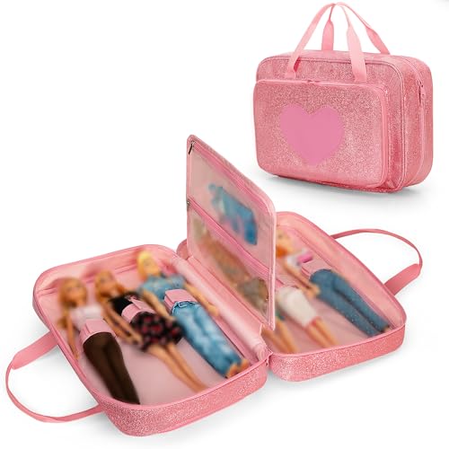 LoDrid Doll Carrying Case Compatible with Barbie Dolls 12-Inch, Storage Organizer with Handle Holds up to 6 Dolls, Multiple Pockets for Accessories, Pink, Bag Only
