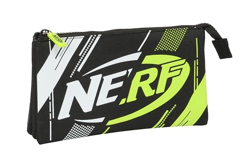 SAFTA NERF Get Ready - Portatodo Triple, Estuche Infantil, Estuche Niño, Ideal para Niños en Edad Escolar, Cómodo y Versátil, Calidad y Resistencia, 22x3x12 cm, Color Negro