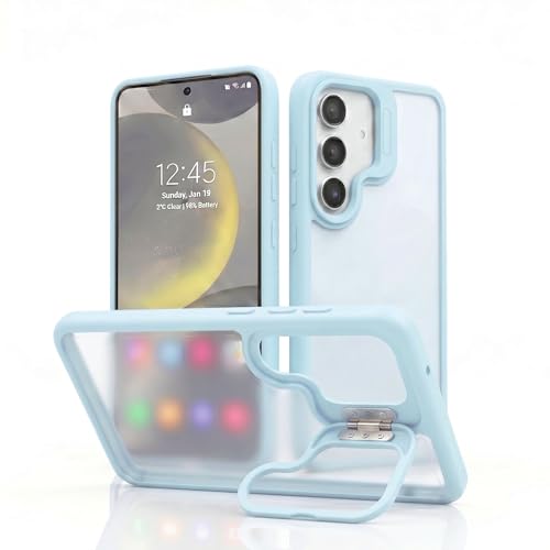 Image of amazon basics Frosted Matte Case for Samsung Galaxy S24 5G | Built-in Flip-Out Camera Lens Stand | Translucent Back with Contrast Blue Bumper | Shockproof Protective Cover with Foldable Kickstand