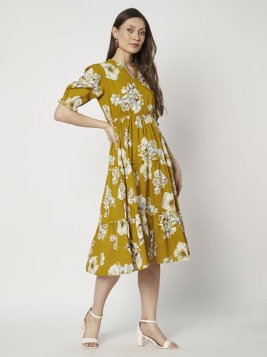 Image of PIDAVLIYA'S Women's Floral Summer Maxi Dress I Cotton Printed I One Piece Bodycon Midi Dress with V-Neck, Puffed Sleeves