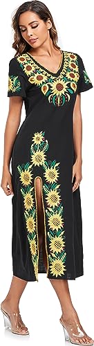 Image of YZXDORWJ Women Mexican Embroidered Dress V Neck Sexy Maxi Short Sleeve Casual Beach Split Dress