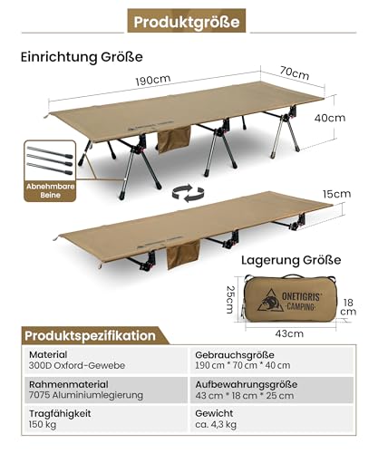 OneTigris SUPRANUBIS Feldbett klappbar 190×70 cm, tragbar Campingbett faltbar leicht, Klappbett Camping bis 150 kg für Zelt, Outdoor… – Ansicht 3