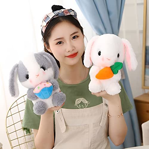 Houpu Soft Toy - Sitting Lop Eared Rabbit, Easter White Rabbit Stuffed Bunny Animal With Carrot Soft Lovely Realistic Long-Eared Standing Pink Plush Toys (Ash White-Cake,8.6In/22Cm) #TOP5