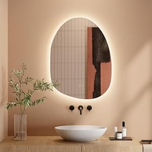 Dripex Badezimmerspiegel Led Badspiegel, Asymmetrisch, Touch-Schalter, Dimmbar, 3 Lichtfarbe Einstellbare Spiegel Bad mit Beleuchtung, Organischer Wandspiegel, Beschlagfrei 53x70 cm