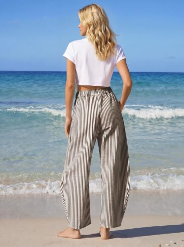 Image of TARSE Womens Striped Linen Barrel Pants with Pockets Y2k Patchwork