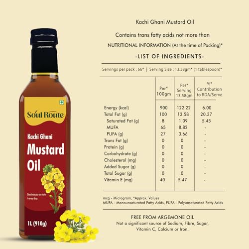 Image of SoulRoute Kachi Ghani Mustard Oil 1 Litre | Pure Sarson Tel Cooking Oil | Rich in MUFA & Vitamin E | 0% Cholesterol | Strong Aroma Mustard Oil for Indian Cooking & Traditional Recipes