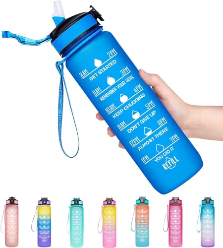 Image of TEKCOOL Motivational 1L Capacity Blue Plastic Bottle with Straw | Leakproof, Durable, BPA-Free | Ideal for School /College /Office /Travel, Sports /Outdoor Activities /