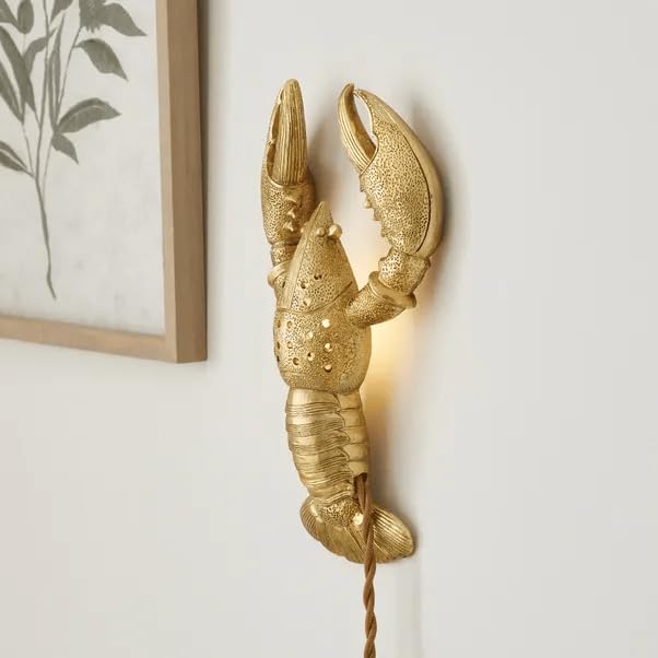 New Gold Lobster Plug in Wall Light – Unique Coastal Wall Lamp with Realistic Design – Table or Wall Mountable – No Electrician Needed – Indoor G9 Capsule Bulb Holder M-09
