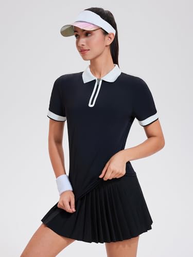 Image of Tennis Skirt Sets for Women Zipper Color Block High Waisted Golf Polo Two Piece Skirt Set Women 2 Piece Outfits