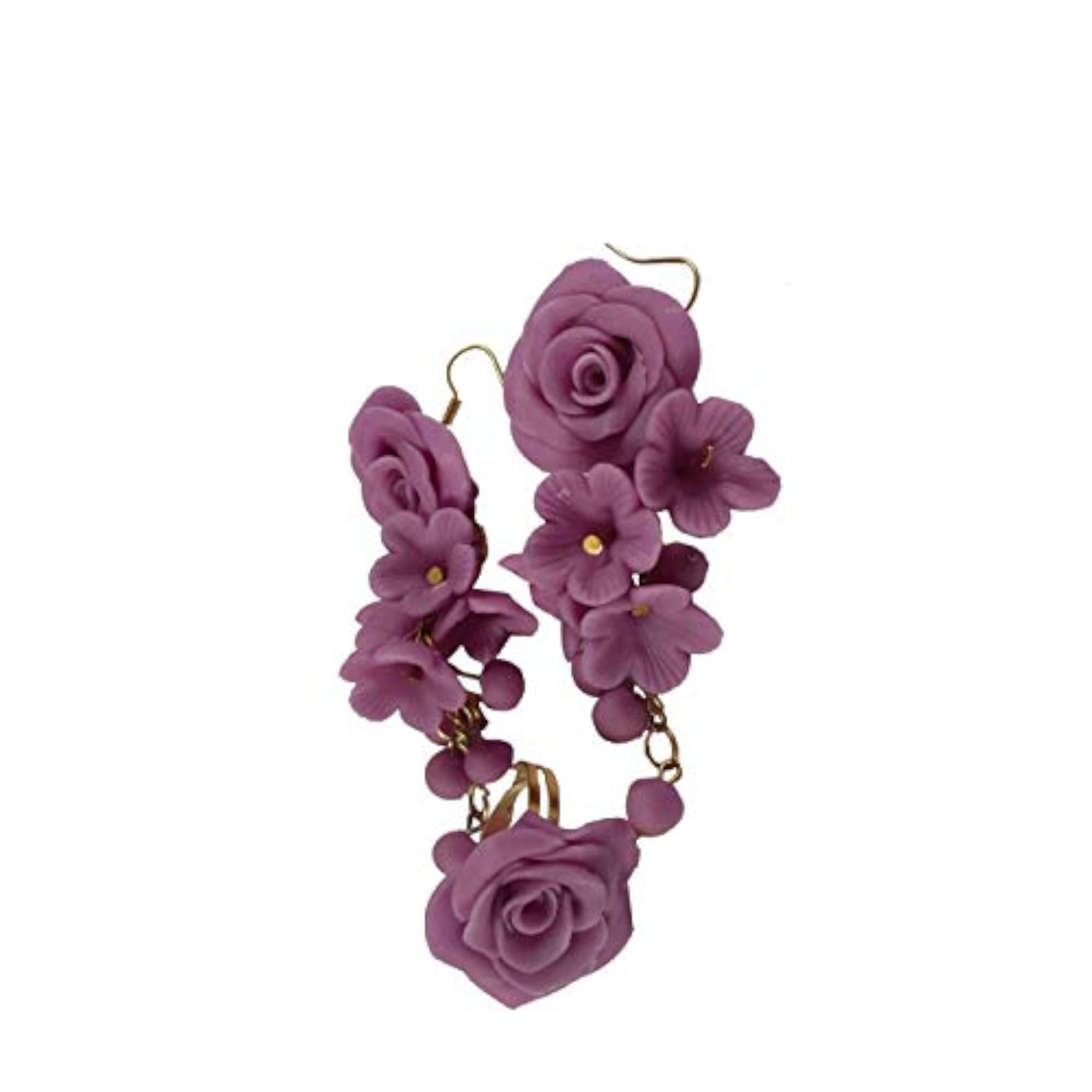 Handmade Indian Flower Drop Earrings with Matching Ring