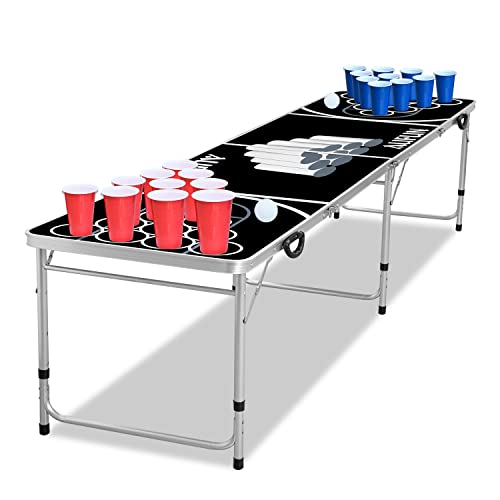 AufuN Beer Pong Set de table pour adulte avec 6 balles et 100 gobelets Hauteur réglable Table de pong pliante en aluminium et MDF Jeu de fête classique Noir