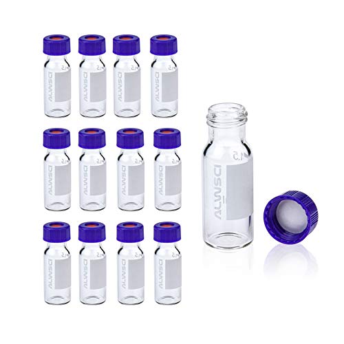 ALWSCI 2ml 9mm HPLC Vial, Clear Autosampler Vial, 1.8ml BorosiliGlass Sample Vial with Graduation, 9-425 Type Screw Threaded Vial, Blue Screw Cap with Hole, White PTFE&Red Silicone Septa, 100 of Pack