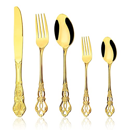 Snplowum 30-Piece Vintage Royal 18/0 Stainless Steel Mirror Flatware Set, Service for 6 (Gold)