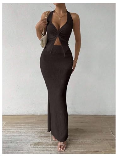 Image of SOLY HUX Women's Two Piece Outfits Twist Front Halter Cami Tops and Skirt Summer Set