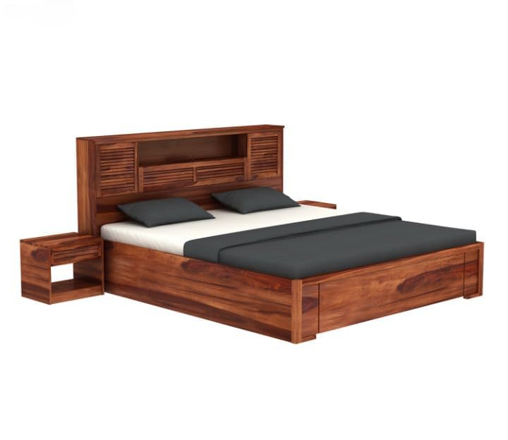 Image of Solid Wood Bed with Storage | Modern Wooden Bed with Slatted Headboard | Strong & Durable Bed Frame for Bedroom Home & Hotel (Honey Finish, King)