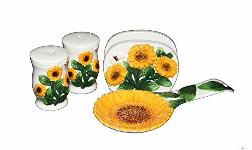 Country Sunflower Painted Stove Top Set, salt and peper shaker, napkin holder, spoon rest 83025/28 by ACK