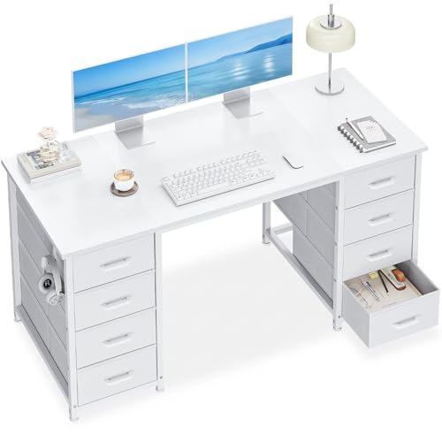 Casaottima 48-Inch White Computer Desk with 8 Fabric Drawers