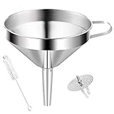 【EINFACH ZU BENUTZEN】Der Trichter mit Sieben ist perfekt für schnellen und genauen Transport der Flüssigkeiten. Es kann auch benutzt werden, um trockene Zutaten wie Mehl, Salz, Zucker, Gewürzen usw. zu sieben. Trichter aus rostfreiem Stahl hat einen seitlichen Griff, um den Trichter über ein Gefäß, Topf oder Pfanne bequem zu halten.