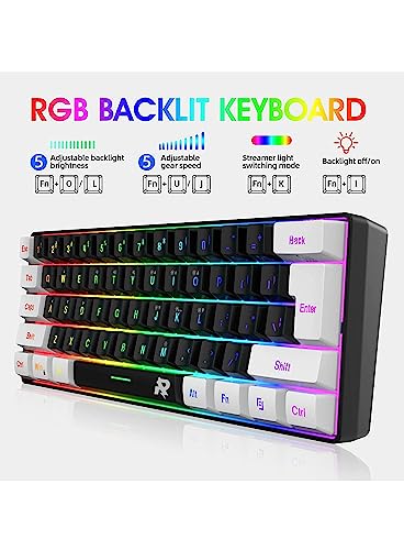 ROCK POW 60% Wired Gaming Keyboard, Small RGB Backlit Membrane Gaming Keyboard, Ultra-Compact Mini Waterproof for PC Computer Gamer White and Black