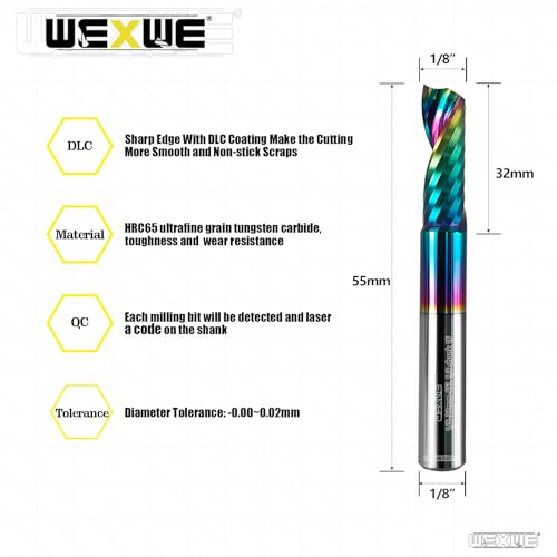 Image of Tools Solid Carbide CNC Spiral Single Flute End Mill- for Acrylic Plate Aluminum,Wood, Plastic,Brass,Copper Cutting - 1 /8 Diameter 32mm Flute Length,55mm Overall Length,1 Flute (1 /8-55mm 2PCS)