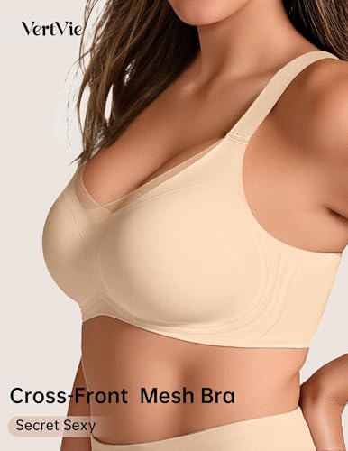 Image of Vertvie Wireless Jelly Bra Seamless Supportive Crossover | Full Coverage & Lift, Mesh V-Neck, No Underwire, Back Smoothing, Push Up, Plus Size, All-Age Comfort, Everyday T-shirt Bra