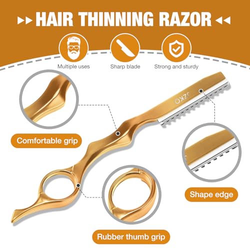 Hair Razors For Cutting Hair, 12pcs Professional Styling Thinning Texturizing Cutting Razor 6.89" for Salon & Home Use, 10pcs Replacement Blades (Gold)