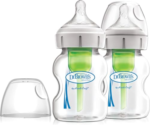 Image of Dr. Brown's Natural Flow Anti-Colic Options+ Wide-Neck Glass Baby Bottle, 5oz/150ml, with Level 1 Slow Flow Teat, 2-Pack